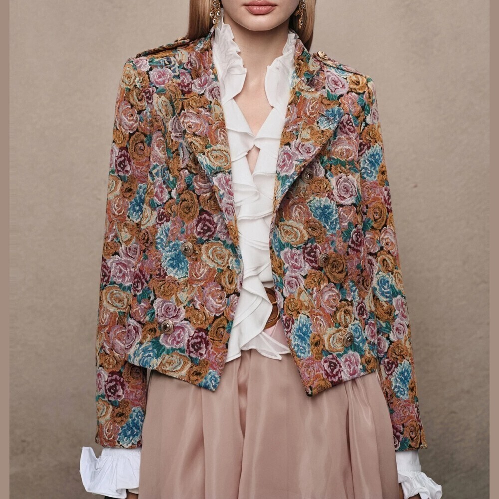 Floral Jacquard Tapestry Double Breasted Cropped Blazer w/ Shoulder Tabs